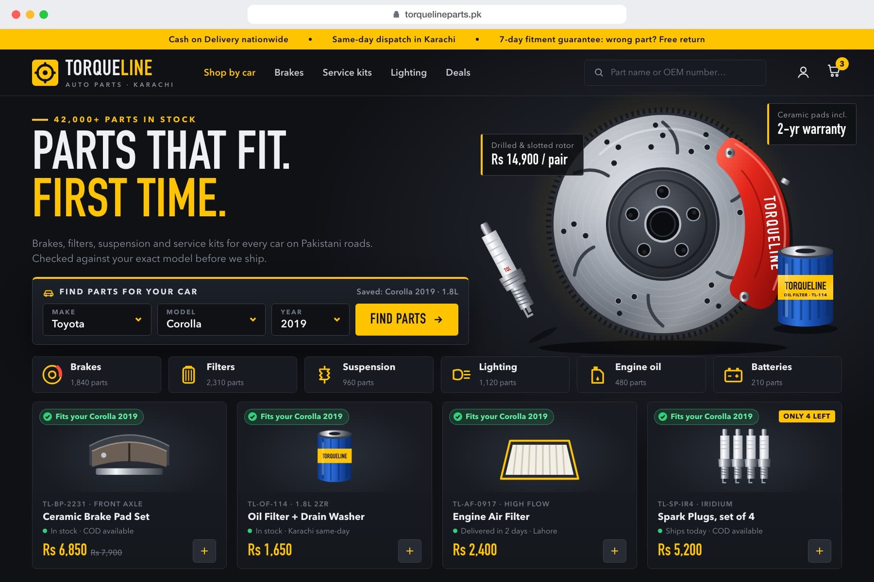 Example auto parts storefront design, TorqueLine: search by make, model and year, with a fits-your-car check.