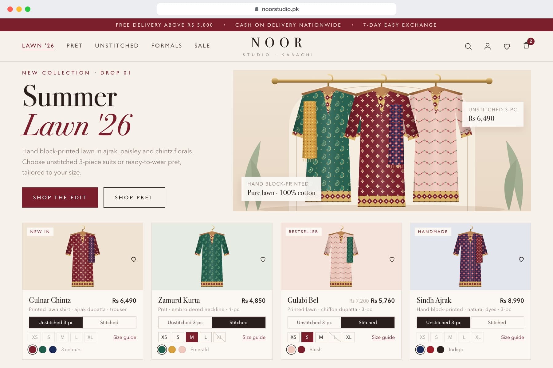 Example clothing storefront design, Noor Studio: size chips, colour swatches and stitched / unstitched options.
