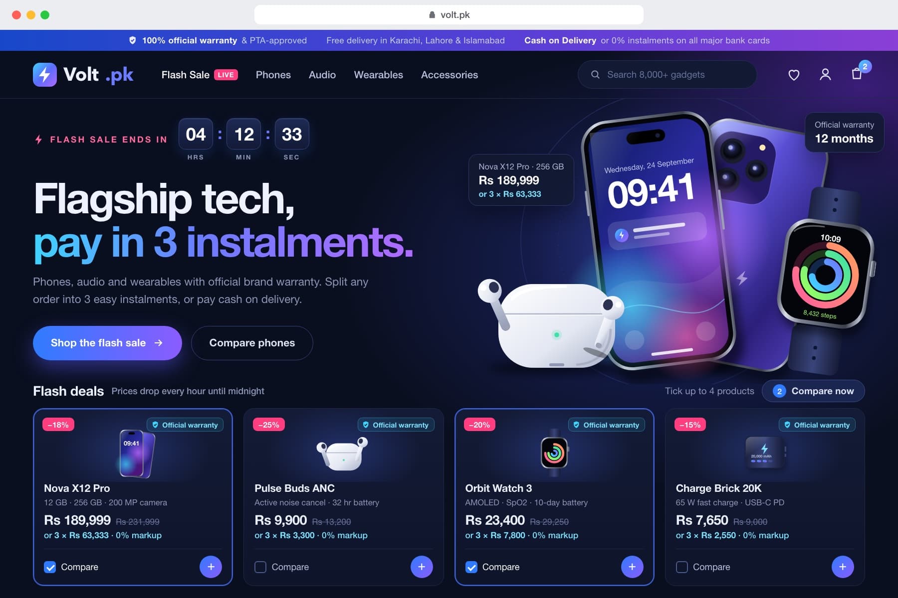 Example electronics storefront design, Volt.pk: flash-sale countdowns, instalment prices and warranty badges.
