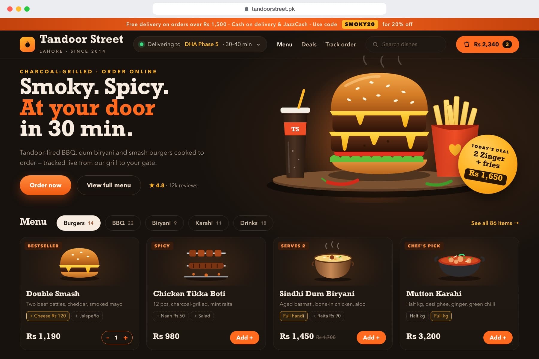 Example food & restaurants storefront design, Tandoor Street: menu tabs, add-ons and delivery-area timing.