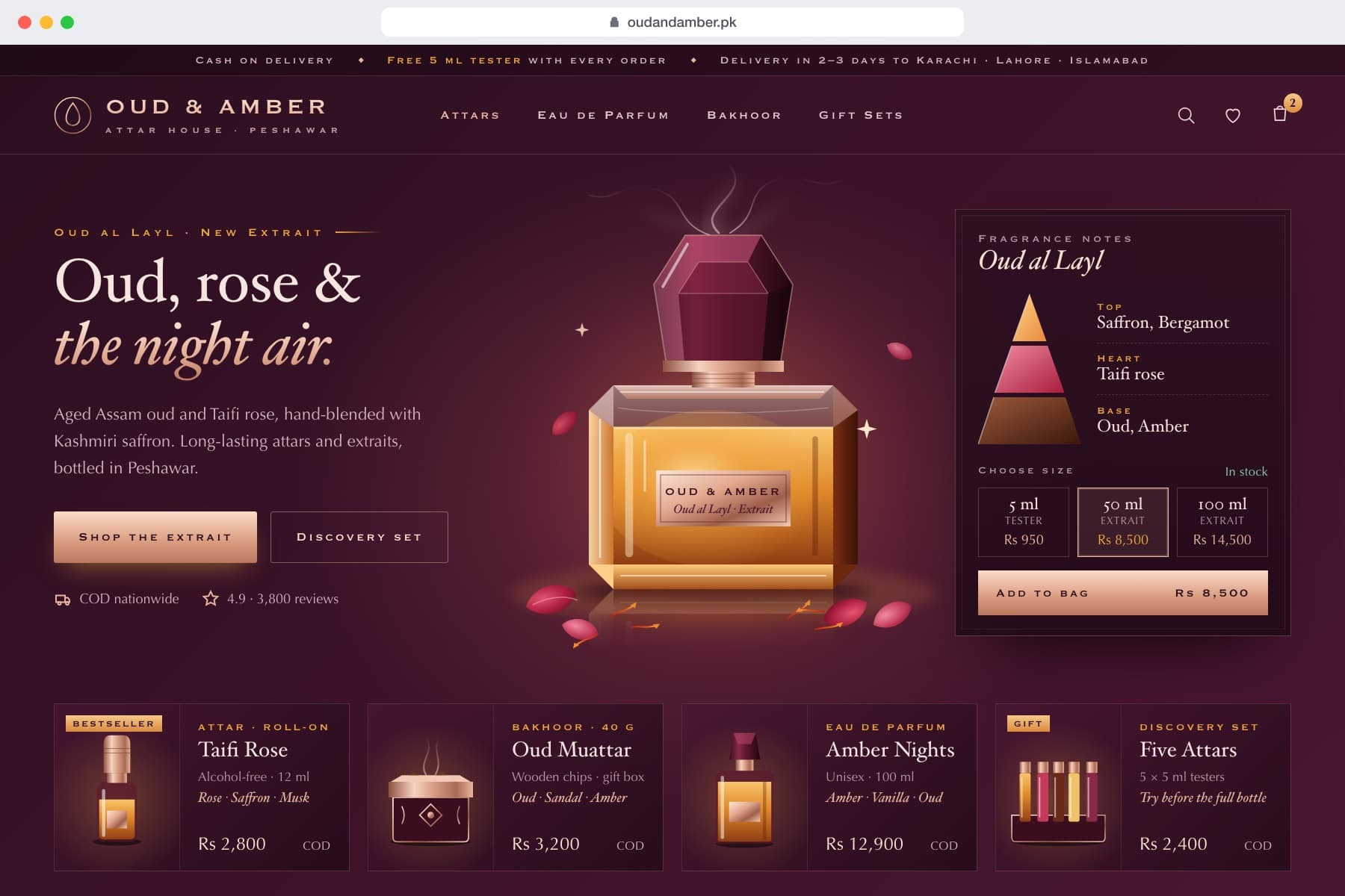 Example perfume & attar storefront design, Oud & Amber: fragrance notes and tester sizes alongside full bottles.