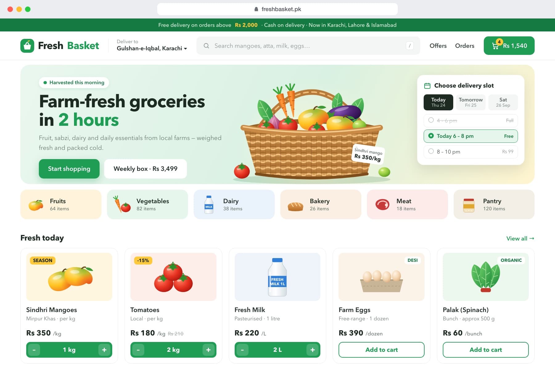 Example grocery storefront design, FreshBasket: per-kg quantities and delivery-slot booking.