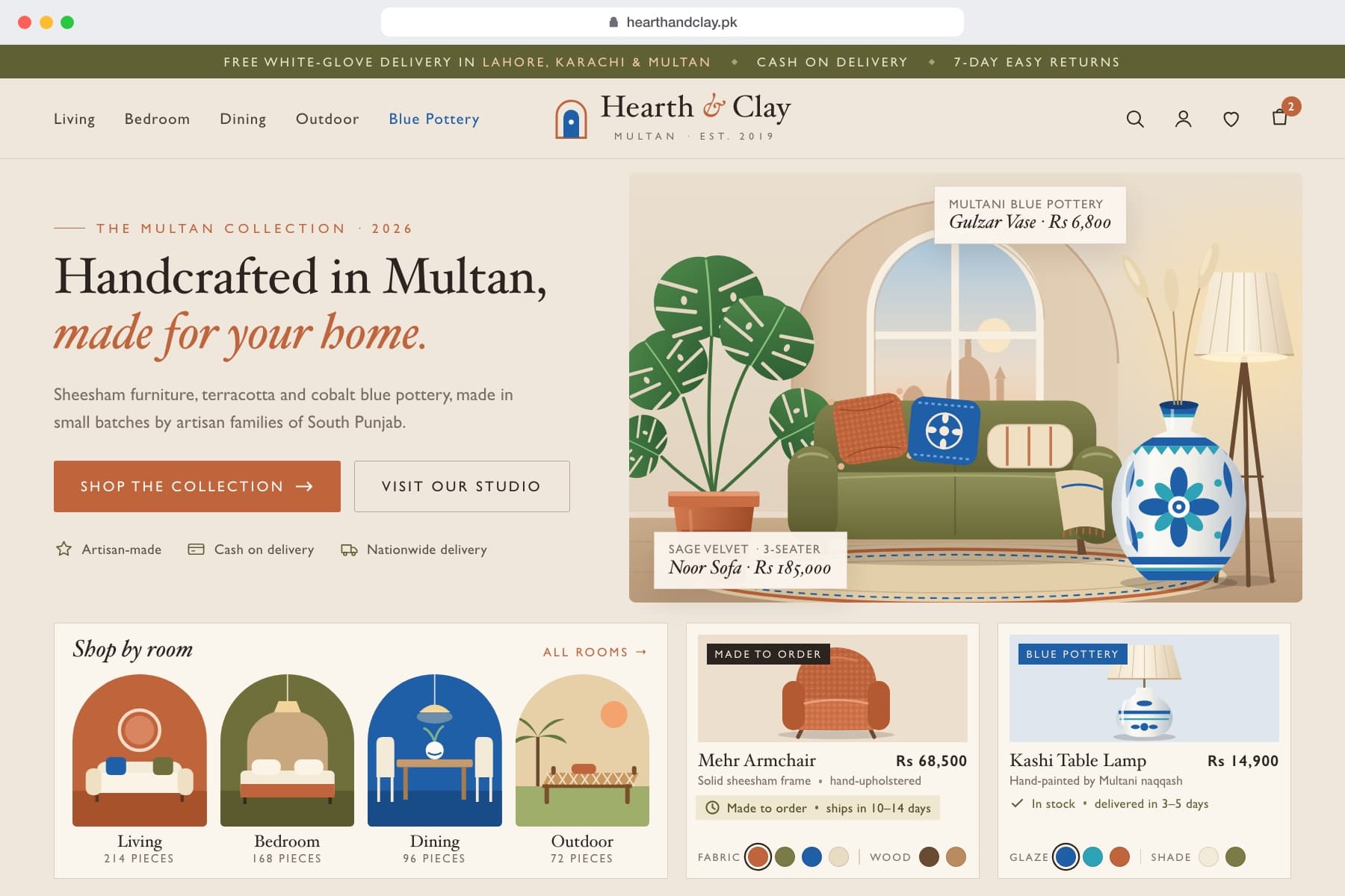 Example home & furniture storefront design, Hearth & Clay: shop by room, finish swatches and made-to-order lead times.