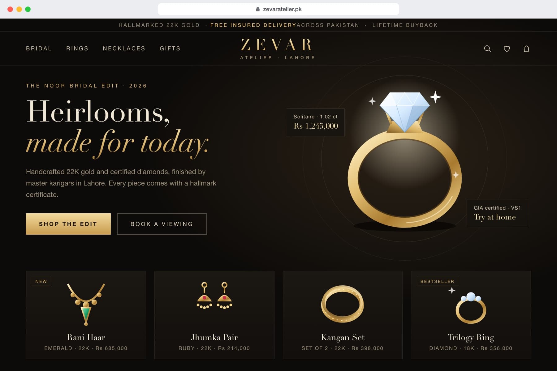 Example jewellery storefront design, Zevar Atelier: karat and certification on every piece, with viewing bookings.