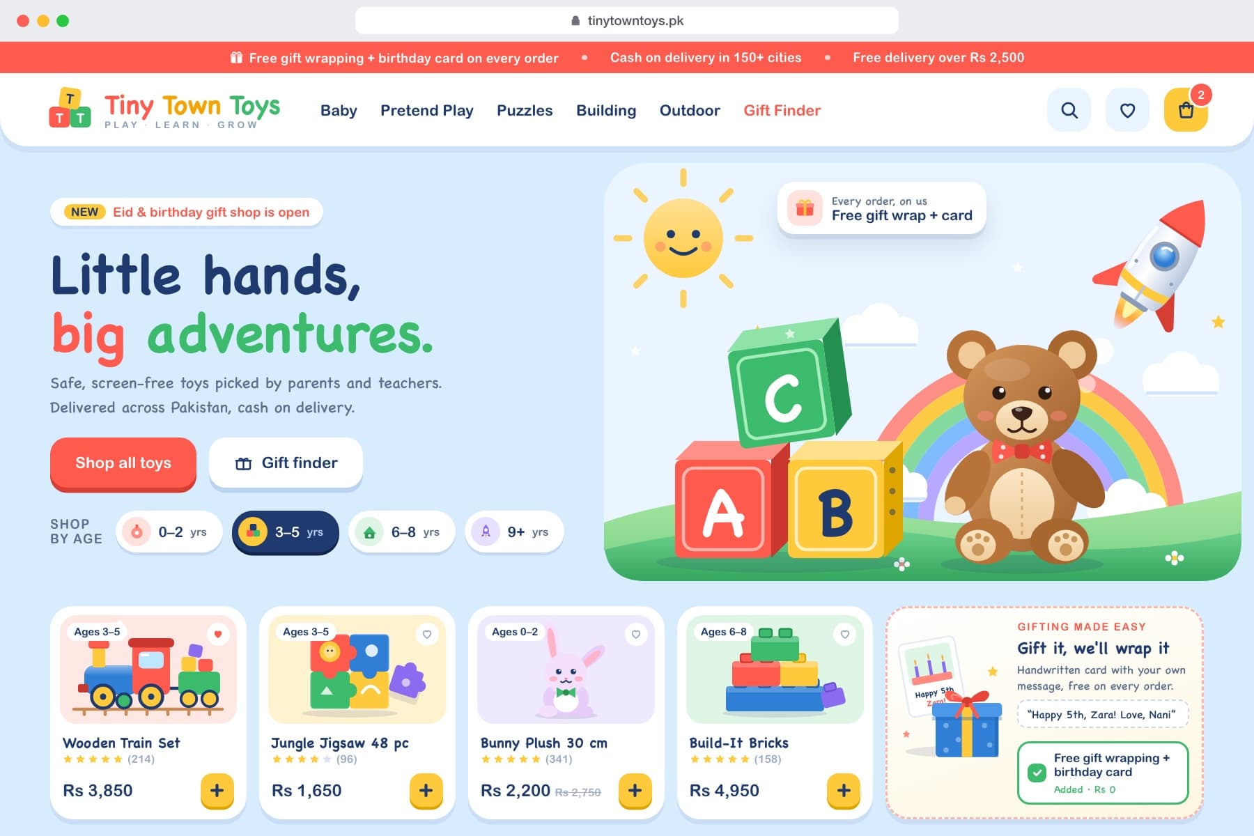 Example toys & kids storefront design, Tiny Town Toys: shop by age, with gift wrapping at checkout.