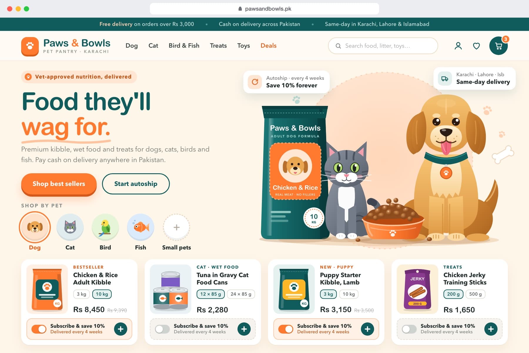 Example pet food storefront design, Paws & Bowls: shop by pet, with subscribe-and-save repeat delivery.