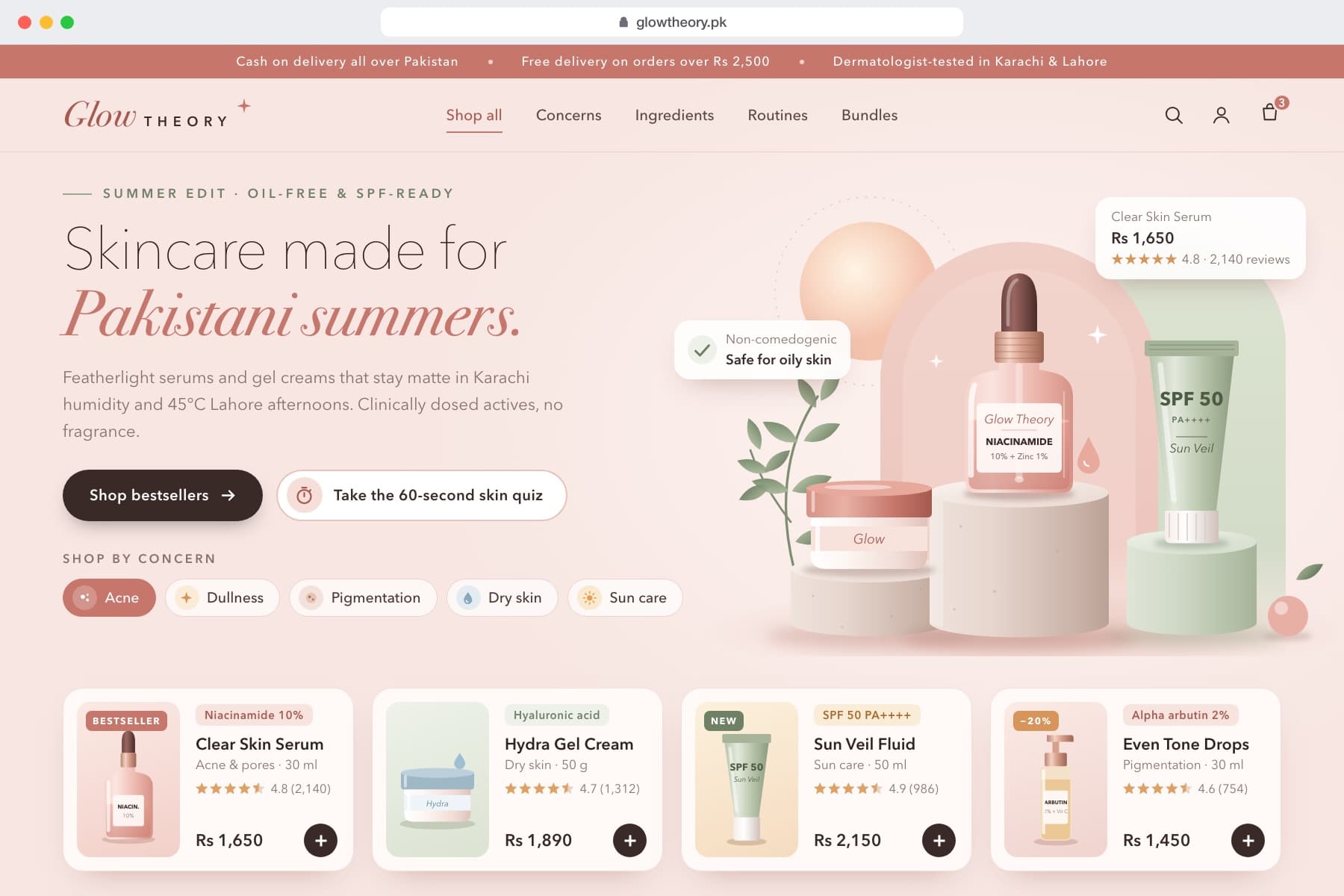 Example skincare & beauty storefront design, Glow Theory: shop by skin concern, a skin quiz and key ingredients.