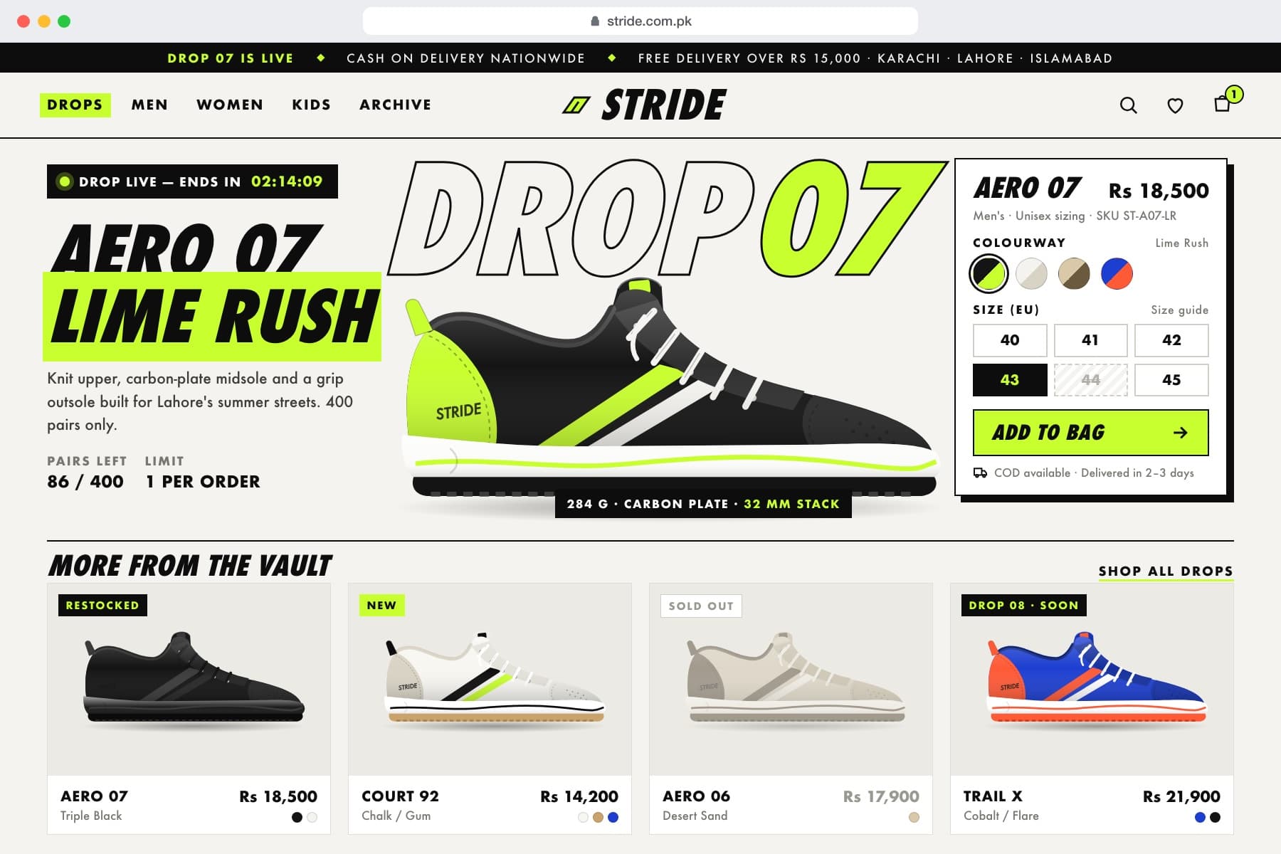Example sneakers & streetwear storefront design, Stride: limited drops with a countdown and live size availability.